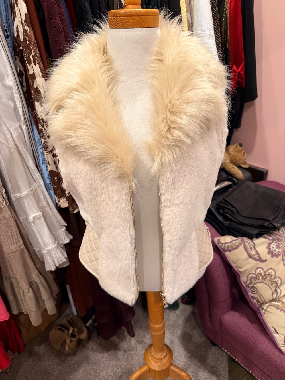 Guess Cream Faux Fur Vest with Plush Collar - Women